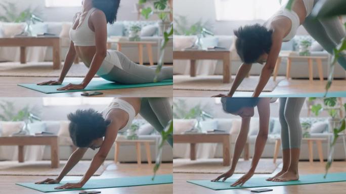健康瑜伽女人在家锻炼，在客厅练习朝下的狗姿势，享受早晨健身锻炼4k镜头