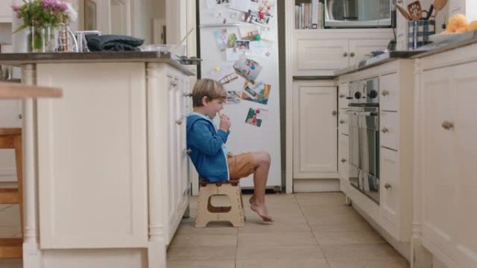 快乐的小男孩吃饼干偷偷摸摸的孩子在家等着饼干在烤箱里烘烤