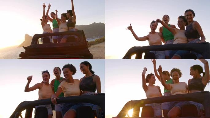 女性朋友在公路旅行中站在汽车的天窗上跳舞