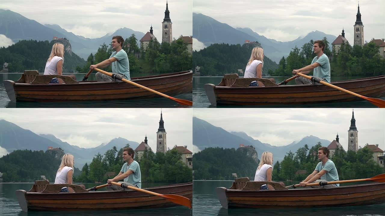 浪漫情侣在船上划船，背景是教堂