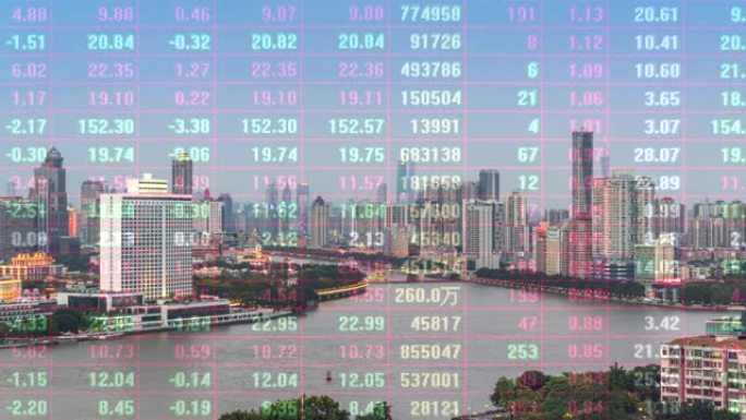 T/L HA广州城市景观白天到晚上的时间间隔和股票市场的金融交易