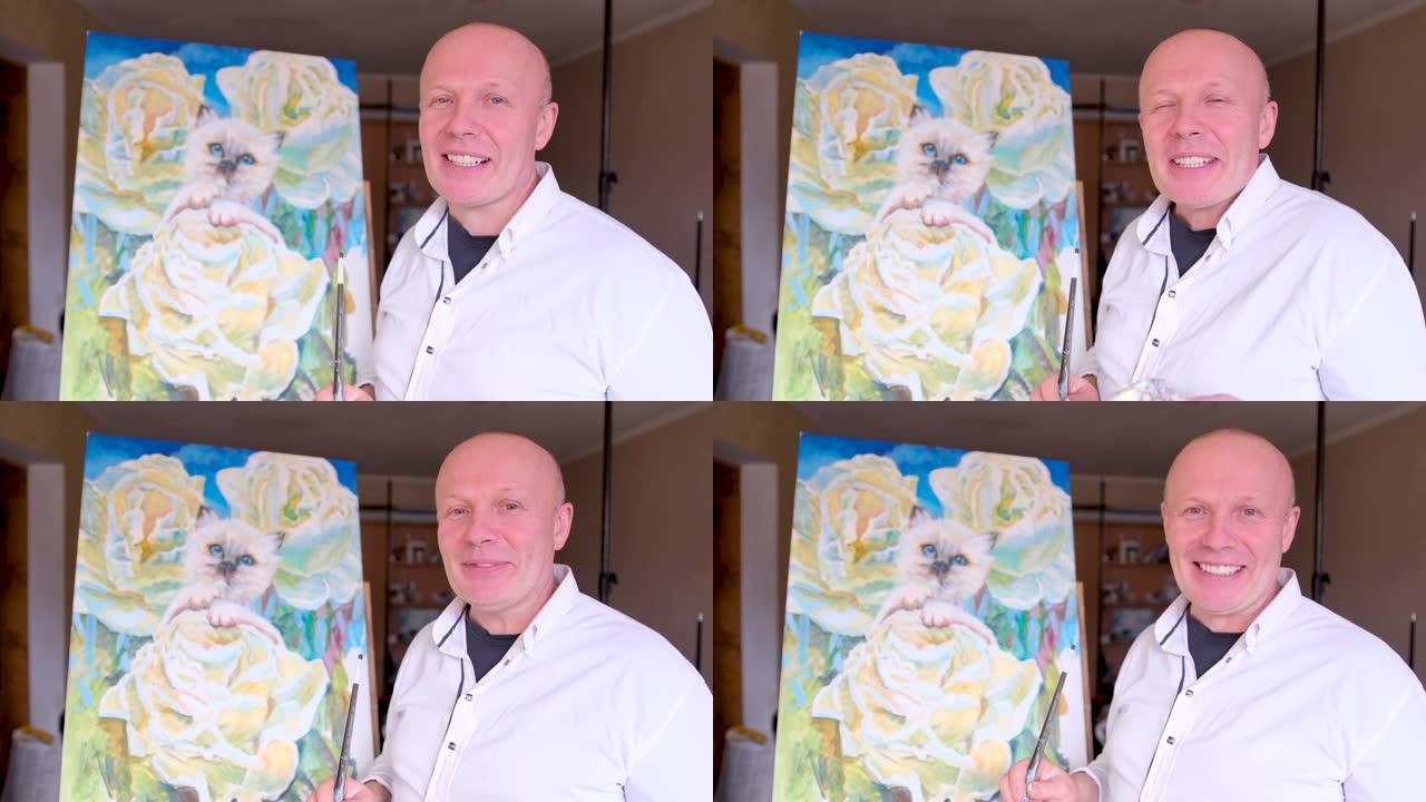 艺术家男人用画笔画一只白猫，蓝眼睛微笑看着框架主人的手绘画花墙上装饰艺术