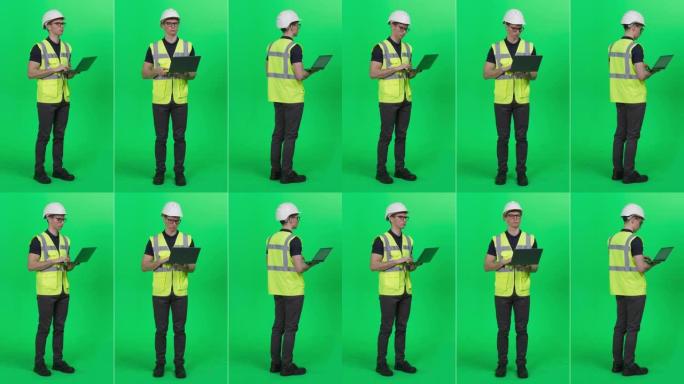 3合1绿屏拼贴: 年轻的建筑工人穿着高可见度的背心和安全帽，使用笔记本电脑。具有多个演员角度的最佳价