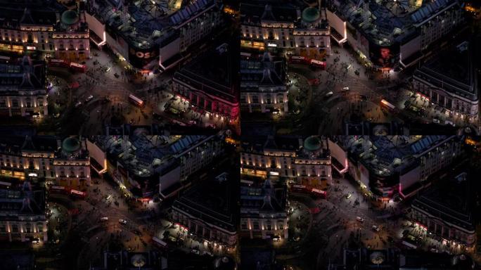 皮卡迪利广场鸟瞰图，伦敦西区，英国在夜间。4K