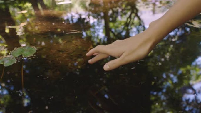 女人用手指抚摸池塘里的水