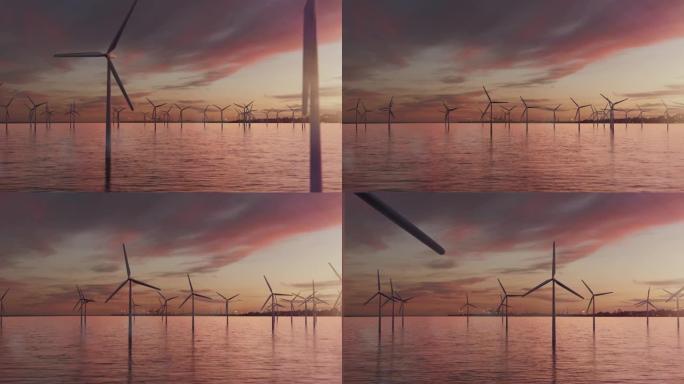 日落时的海上风力涡轮机