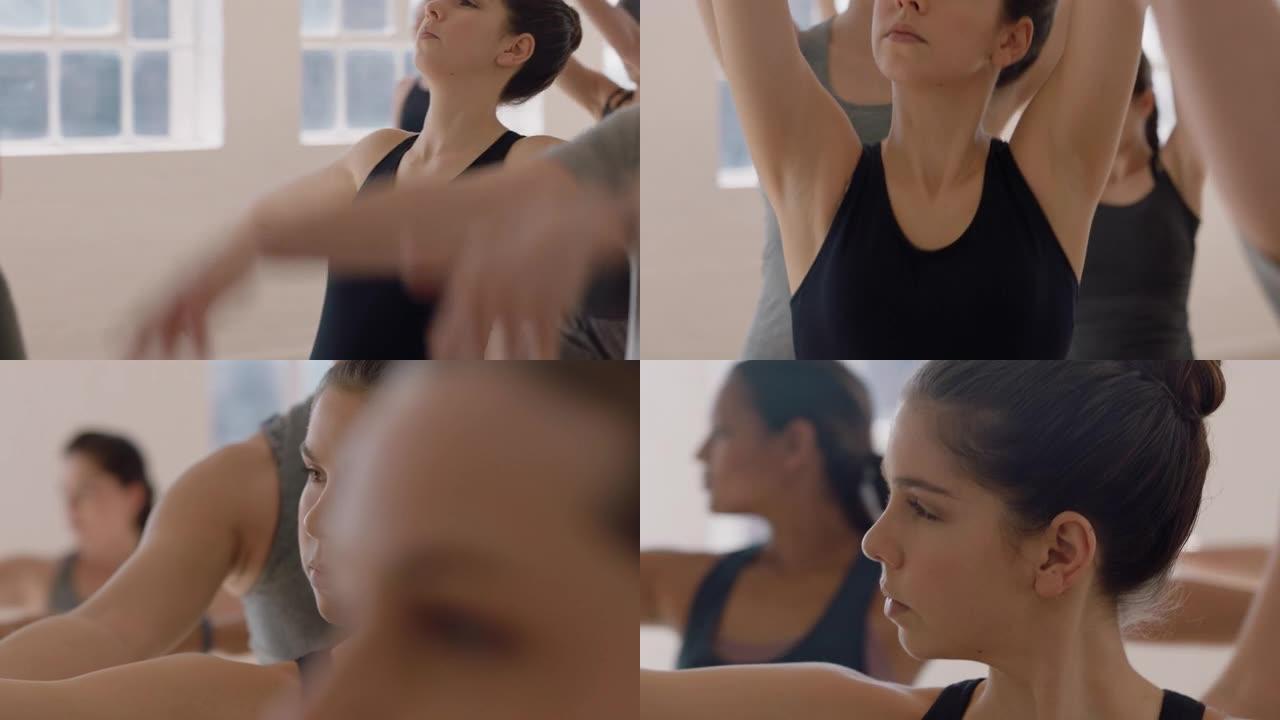 瑜伽课肖像孕妇高加索妇女练习战士与教练教学姿势组享受健康生活方式在健身工作室锻炼的妇女