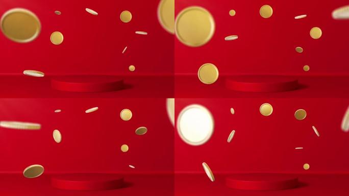 红色背景上的无缝循环动画3d硬币。网上购物和金钱。概念: 应用，在线数字营销，金币轮换，网络星期一，