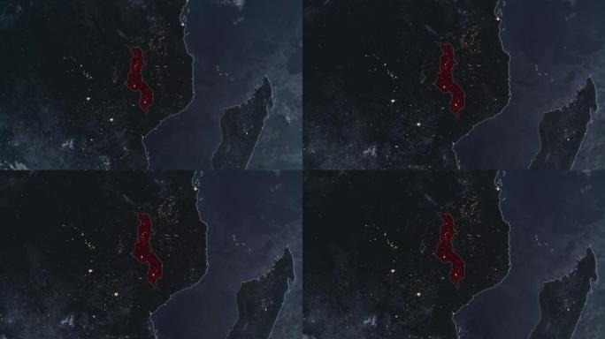 突出显示的马拉维的黑暗地图，通过4K照片真实动画地球从太空放大，全景包括非洲、西欧和美国。史诗旋转的