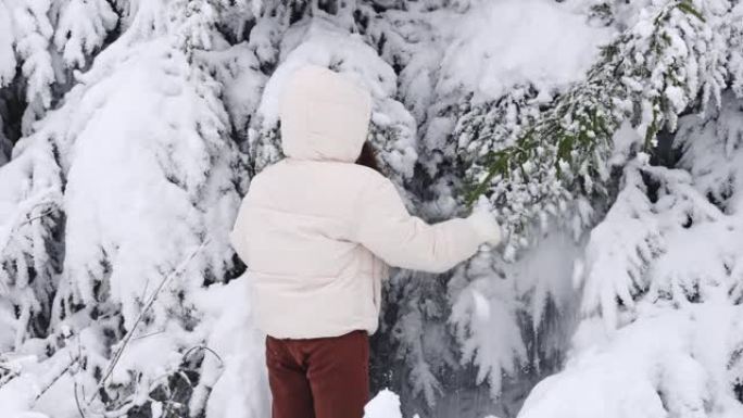 一个年轻的女孩从森林中的云杉树枝上甩掉了雪。