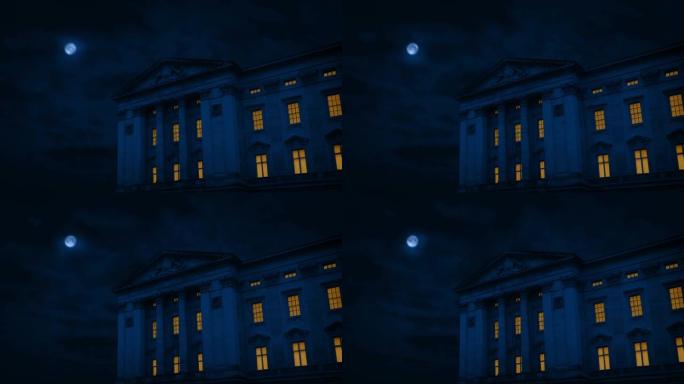 上面开着灯的豪宅，上面开着月亮