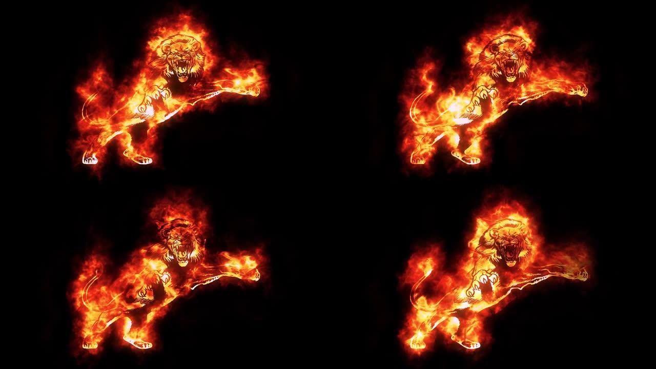 在空的黑色背景上隔离的燃烧发光的狮子图标的动画