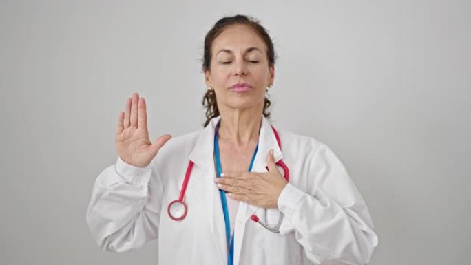 中年西班牙裔女医生在孤立的白色背景上用手在胸前宣誓
