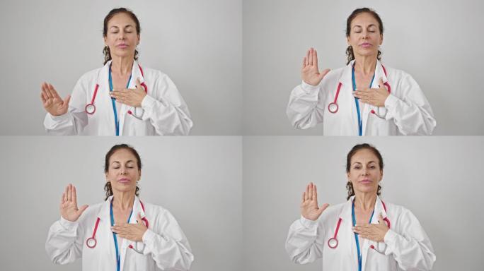 中年西班牙裔女医生在孤立的白色背景上用手在胸前宣誓