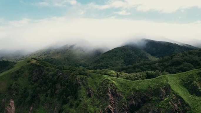 库页岛海岸的鸟瞰图，在山脉和针叶林之上