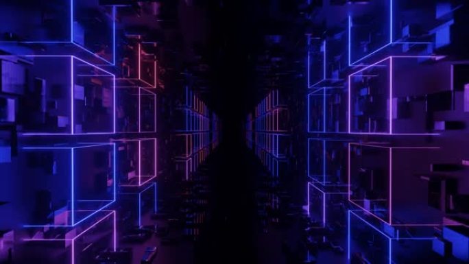 高科技霓虹灯科幻tunel。时尚的霓虹灯辉光线在镜面隧道中形成图案和结构。飞越技术网络空间。3d循环