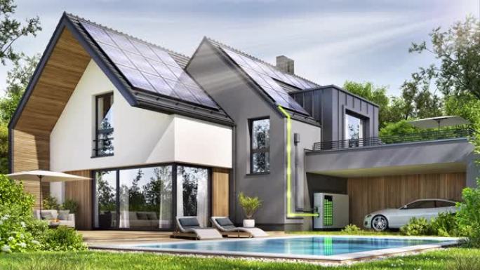 带太阳能电池板和蓄电池的现代住宅