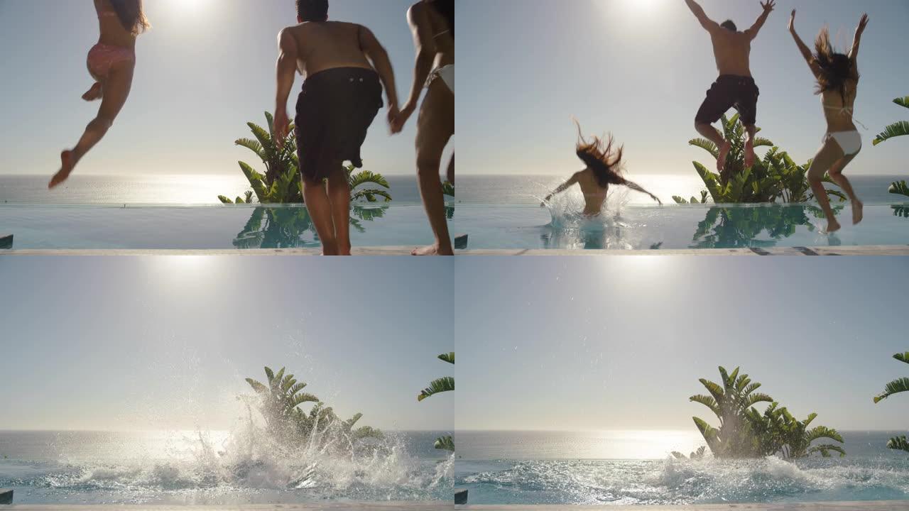 旅行朋友跳进豪华酒店度假村的游泳池庆祝暑假享受假日4k