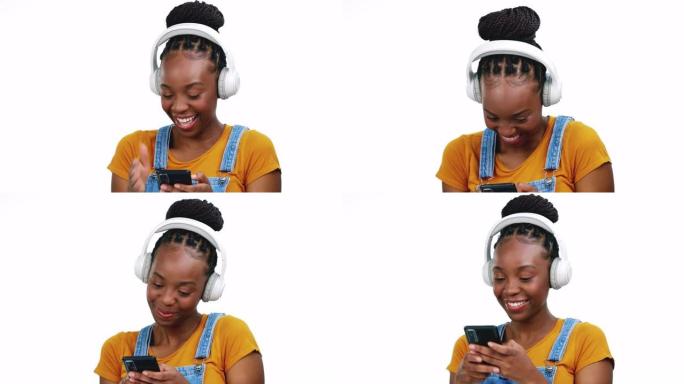 电话，音乐耳机和黑人妇女在工作室在线聊天。非洲人智能手机和听声音，害羞和在社交媒体上打字孤立在白色背