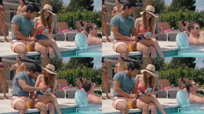 泳池派对上的幸福女人使用智能手机与朋友聊天分享生活方式有趣的朋友在阳光明媚的日子享受春假4k镜头