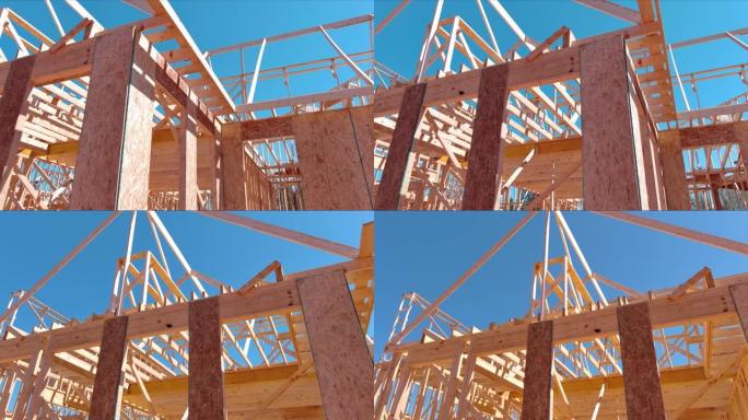 新的正在建造的木桁架用r子屋顶梁木制托梁构架建筑框架