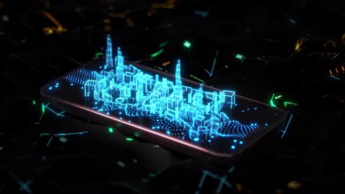 3D模型和渲染全息图多边形从手机构建城市线框。
