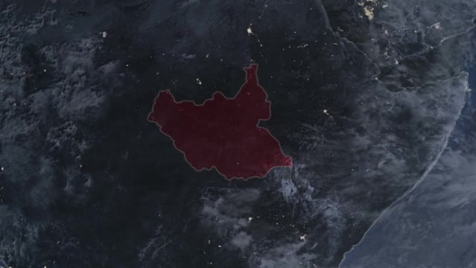 突出显示的南苏丹的黑暗地图，通过4K照片真实动画地球从太空放大，全景包括非洲、西欧和美国。史诗旋转的