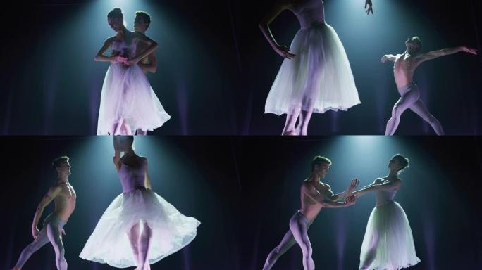 两名年轻的古典芭蕾舞演员在戏剧舞台上表演的电影镜头。专业男女表演者在演出前一起排练舞蹈
