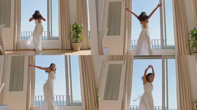 旅行女子在酒店房间跳舞，享受无忧无虑的假期生活方式