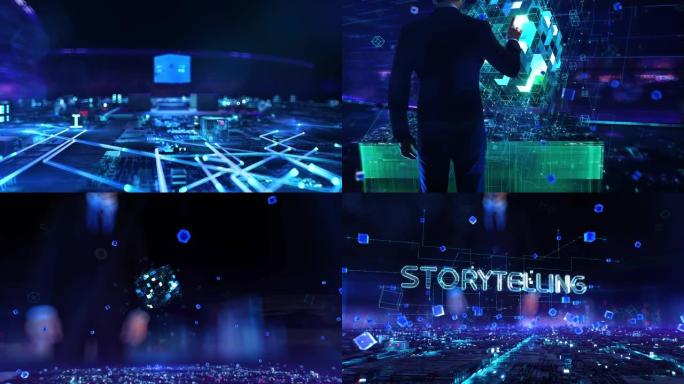 讲故事 -- 商人在夜间办公室工作和接触增强虚拟现实。
