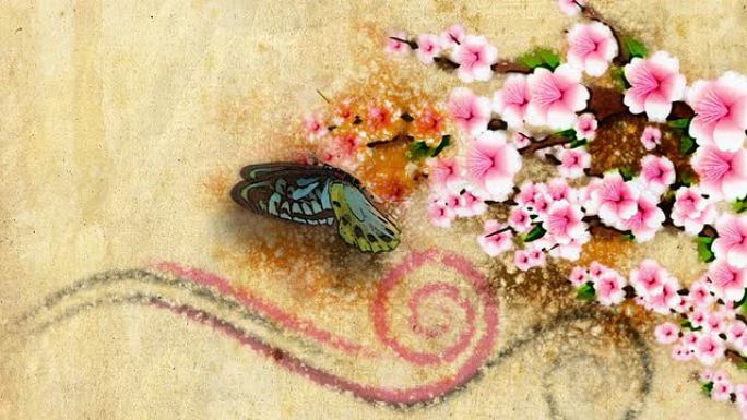 动画装饰背景与不断增长的油漆花和蝴蝶
