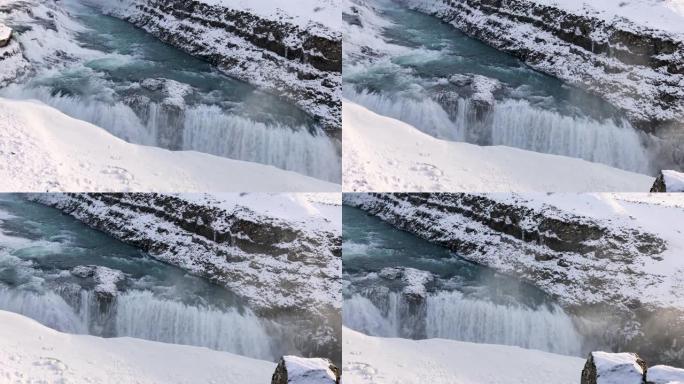 冰岛黄金圈之旅Hvita河上Gullfoss瀑布的全景