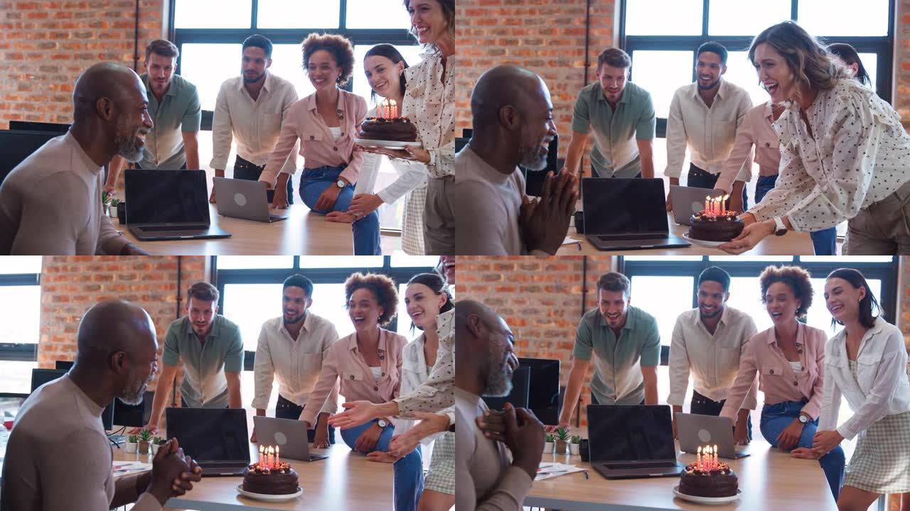 员工在多元文化办公室用蛋糕庆祝男同事的生日