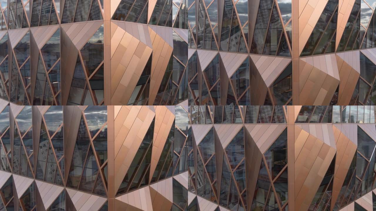 办公楼现代建筑俯视图。库存镜头。现代建筑时尚设计的玻璃窗。俄罗斯铜业公司在现代建筑中的总部