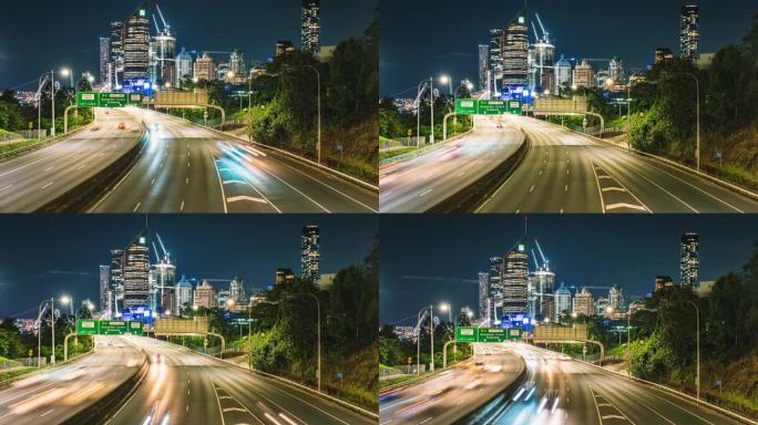 澳大利亚昆士兰州下班后晚上，布里斯班城市景观和高速公路交通道路的4k延时镜头