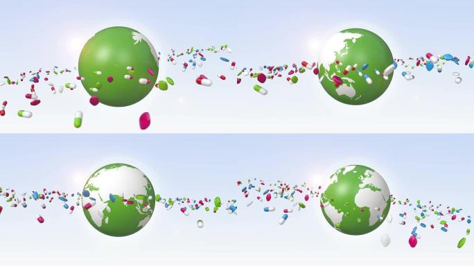 围绕旋转的绿色地球仪运行的药丸和药物
