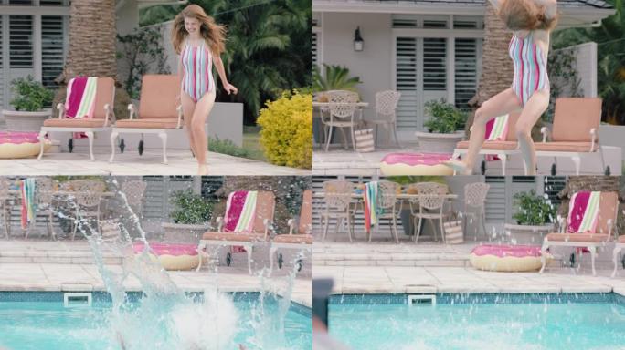 快乐的女人在温暖的夏日跳进游泳池，享受夏日快乐的暑假4k镜头