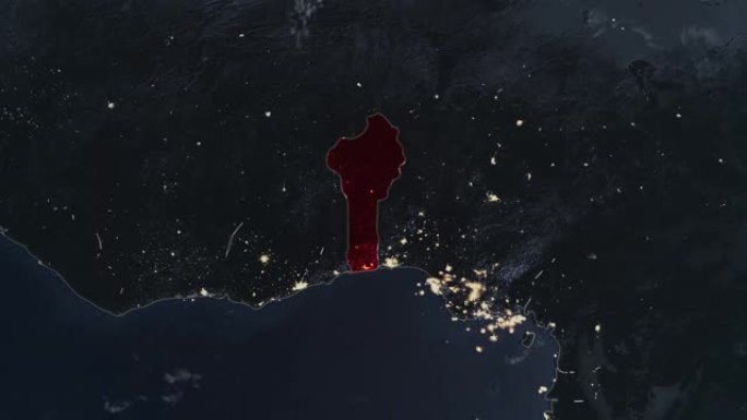 突出显示的贝宁黑暗地图，通过4K照片真实动画地球从太空放大，全景包括非洲、西欧和美国。史诗旋转的世界