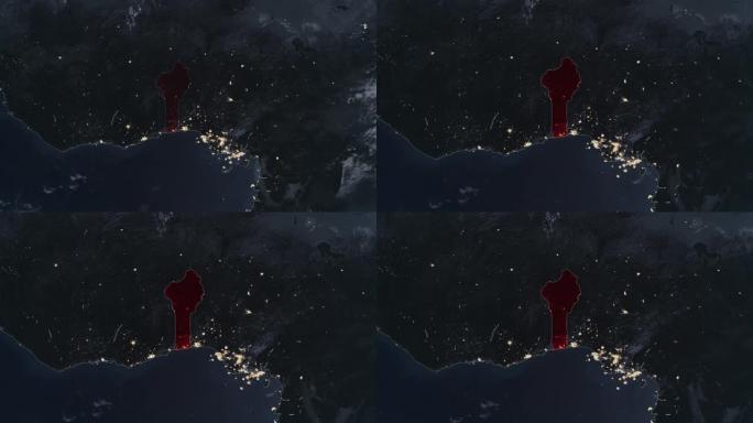 突出显示的贝宁黑暗地图，通过4K照片真实动画地球从太空放大，全景包括非洲、西欧和美国。史诗旋转的世界