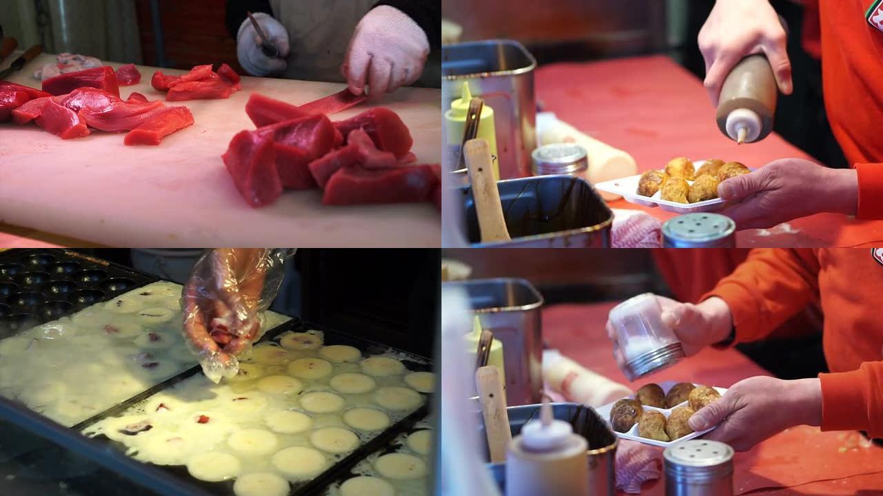 日本综艺食品在行动，厨师烹饪鲜切场景视频。鱿鱼、章鱼烧、金枪鱼生鱼片、海鲜、okonomiyaki、