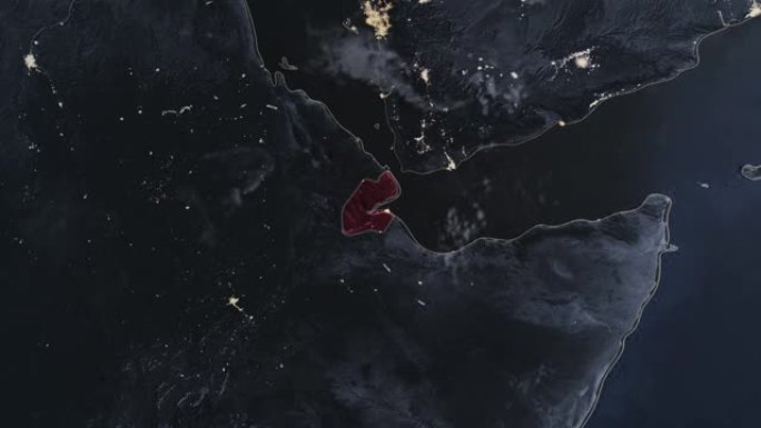 突出显示的吉布提黑暗地图，通过4K照片真实动画地球从太空放大，全景包括非洲、西欧和美国。史诗旋转的世