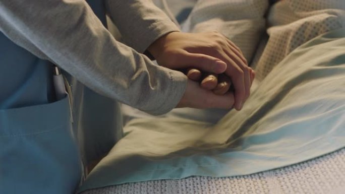 护士在病床上牵着老人的手，对康复的老年患者表示喜爱