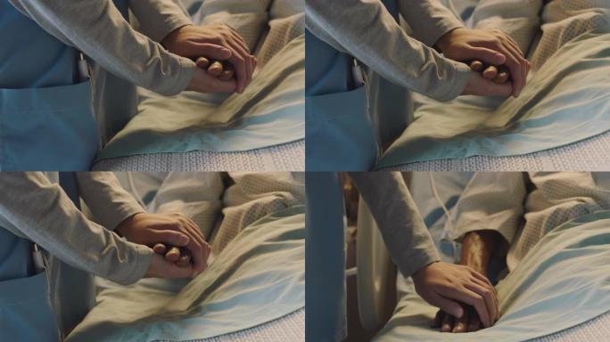 护士在病床上牵着老人的手，对康复的老年患者表示喜爱