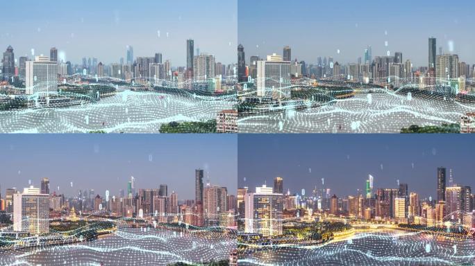 T/L HA ZI广州天际线从黄昏到夜晚的延时和技术大数据概念。中国广州