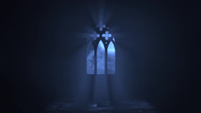 古堡的窗户有蓝光，夜晚有十字架
