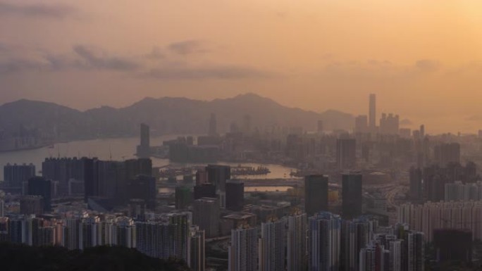 日落时分香港市区天际线的时间流逝