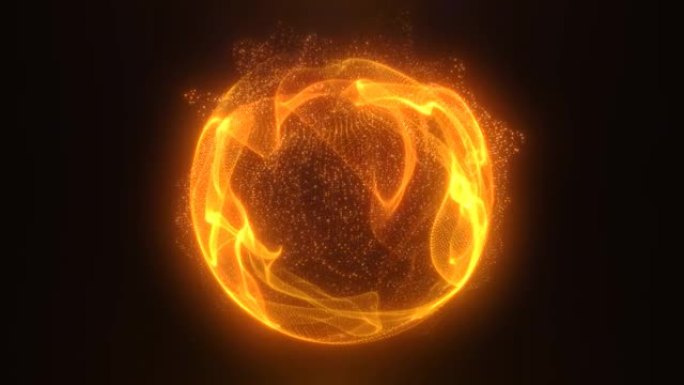 抽象火焰橙色循环能量球的粒子和神奇的波在黑暗的背景上发光，视频4k
