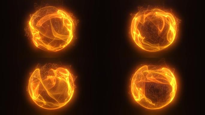 抽象火焰橙色循环能量球的粒子和神奇的波在黑暗的背景上发光，视频4k