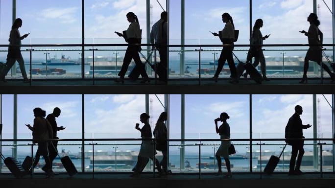 繁忙机场的商务人士拉着拉杆袋，在国际候机楼游客中旅行，在大堂散步，看到港口4k镜头