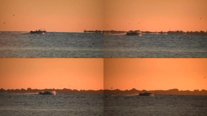 摩托艇在日落时向湖中减速 (高清)